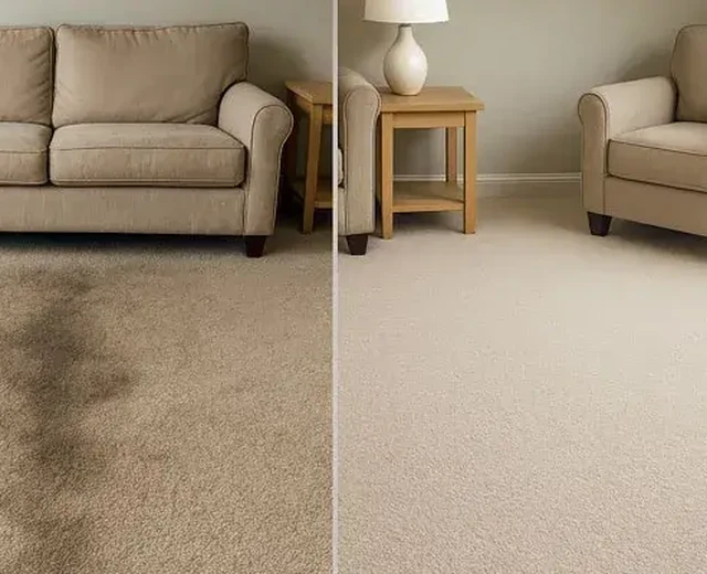 Before and after a carpet clean, a stained cream carpet restored to fresh