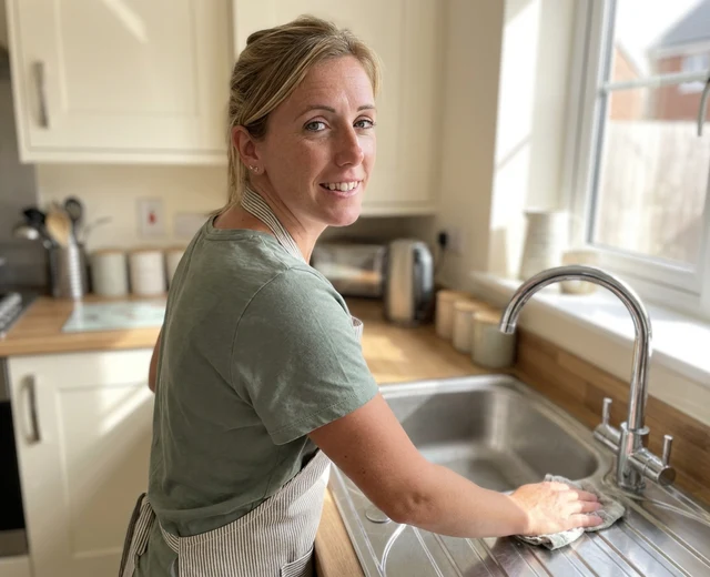 Chantelle Barratt cleaning a kitchen sink in a Repton home