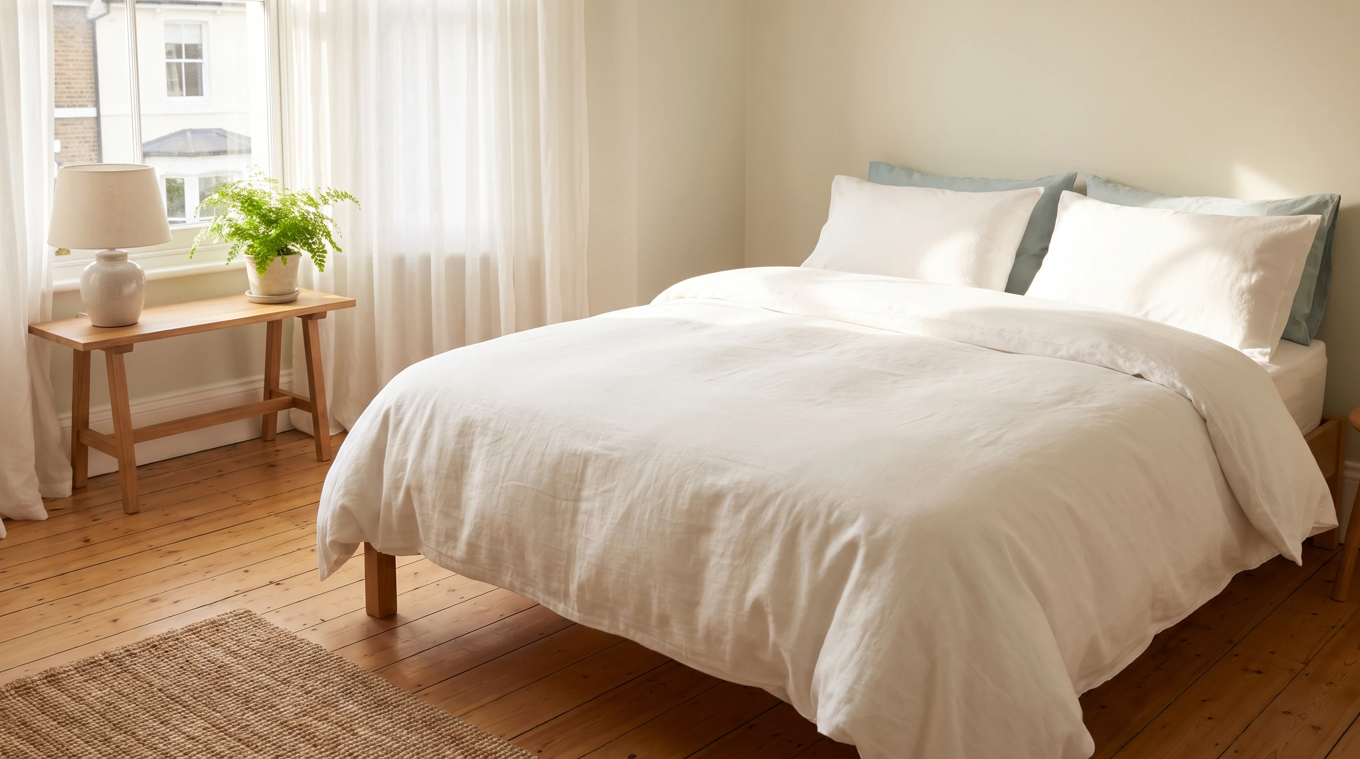 Neatly made bed and clean bedroom in a Repton house