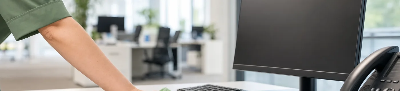 Cleaner wiping down a desk beside a monitor in a bright Repton office
